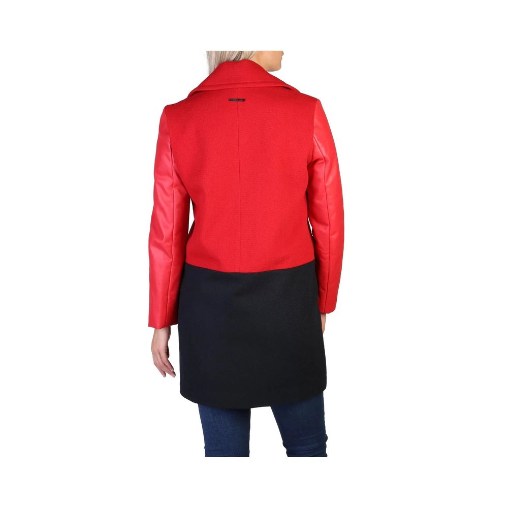 Armani Exchange Red & Black Wool Blend Coat with Faux Leather Sleeves