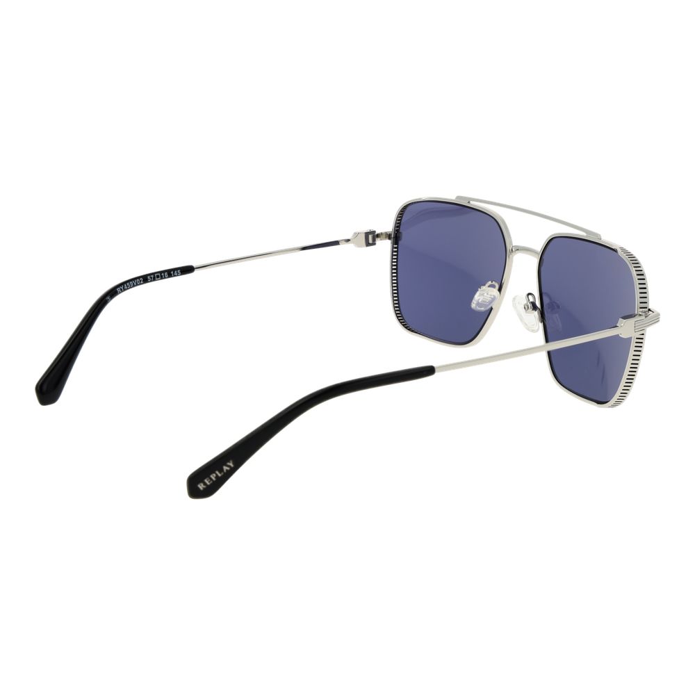 Replay Men’s Silver Metal Sunglasses – Full-Rim Square Frame, Blue Lenses