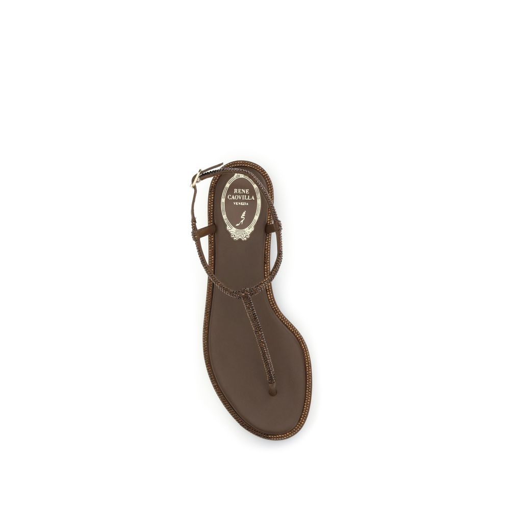 Rene Caovilla Diana Sandals with Crystals in Brown Satin
