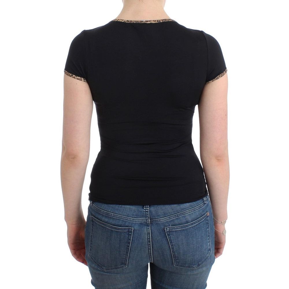 Roberto Cavalli Black T-Shirt with Leopard Trim