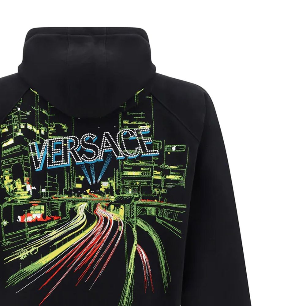 Versace Black Cotton Zip Up Graphic Back Hooded Sweatshirt