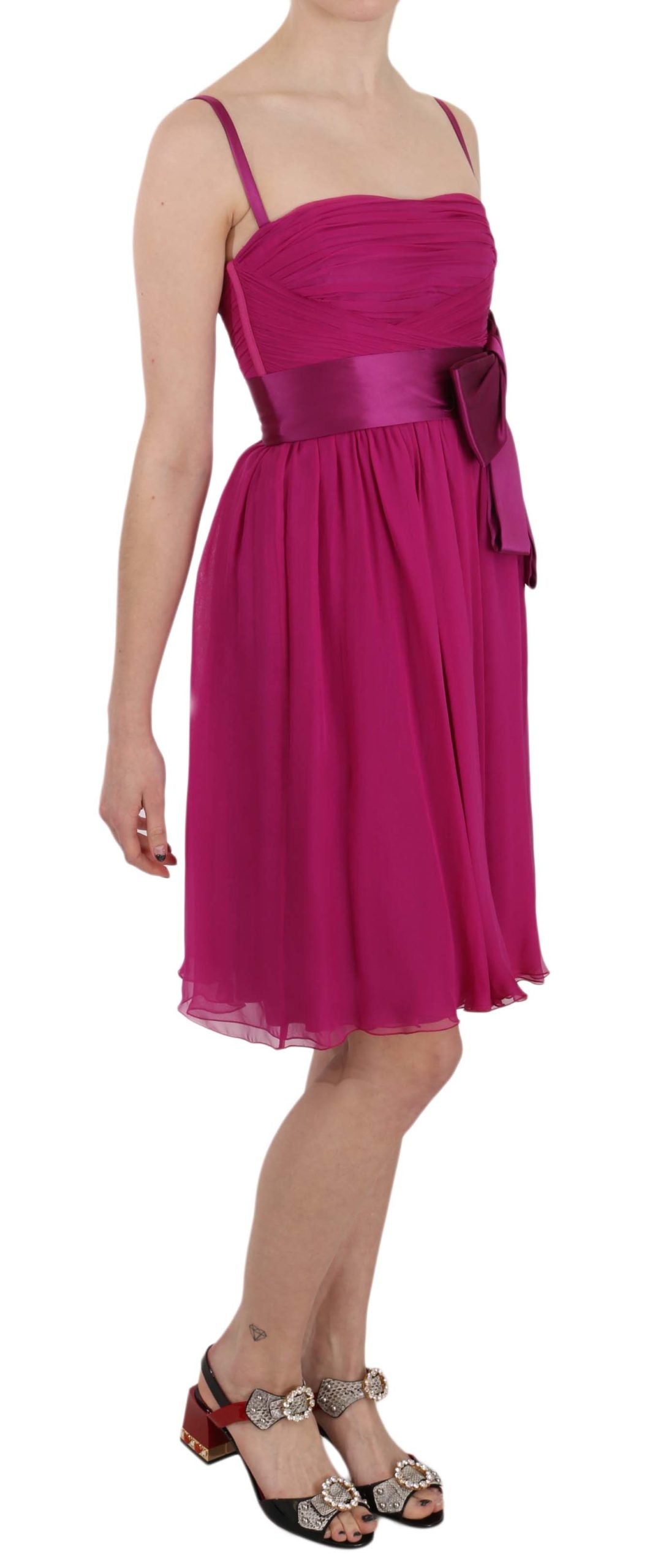- Elegant Fuchsia Pink Silk Bow Front Dress