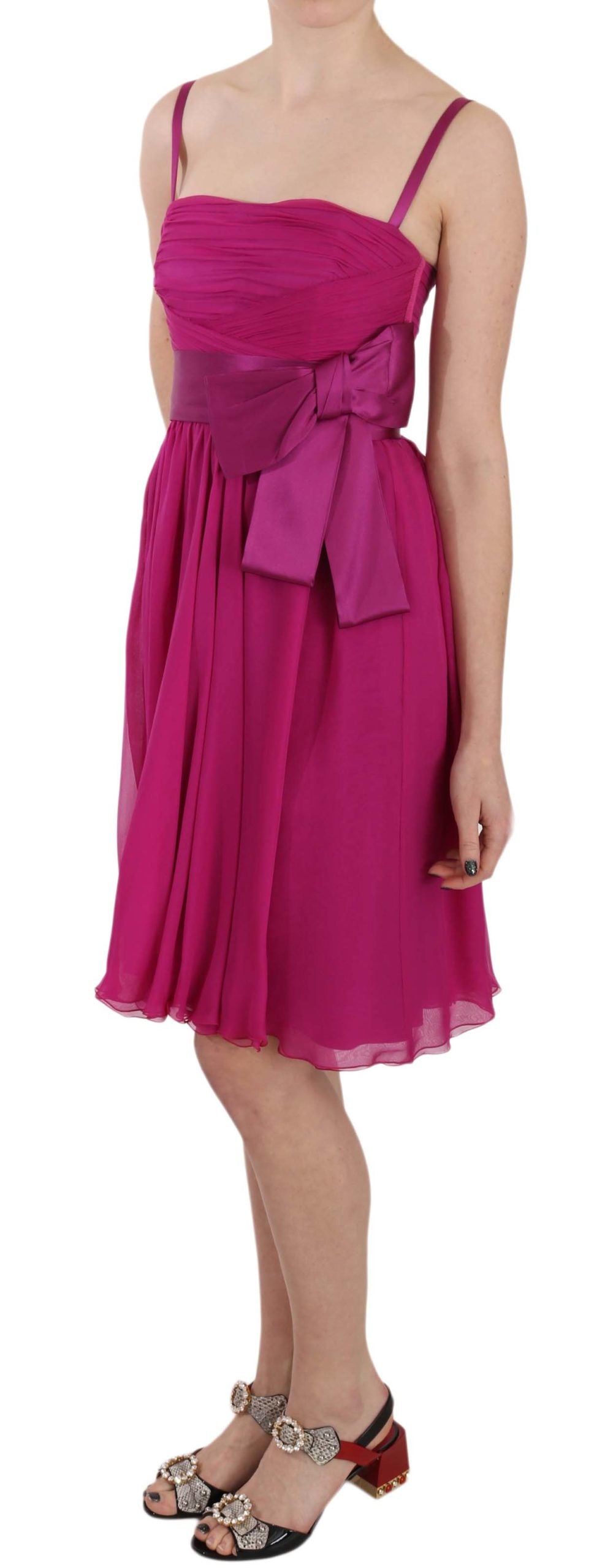 - Elegant Fuchsia Pink Silk Bow Front Dress
