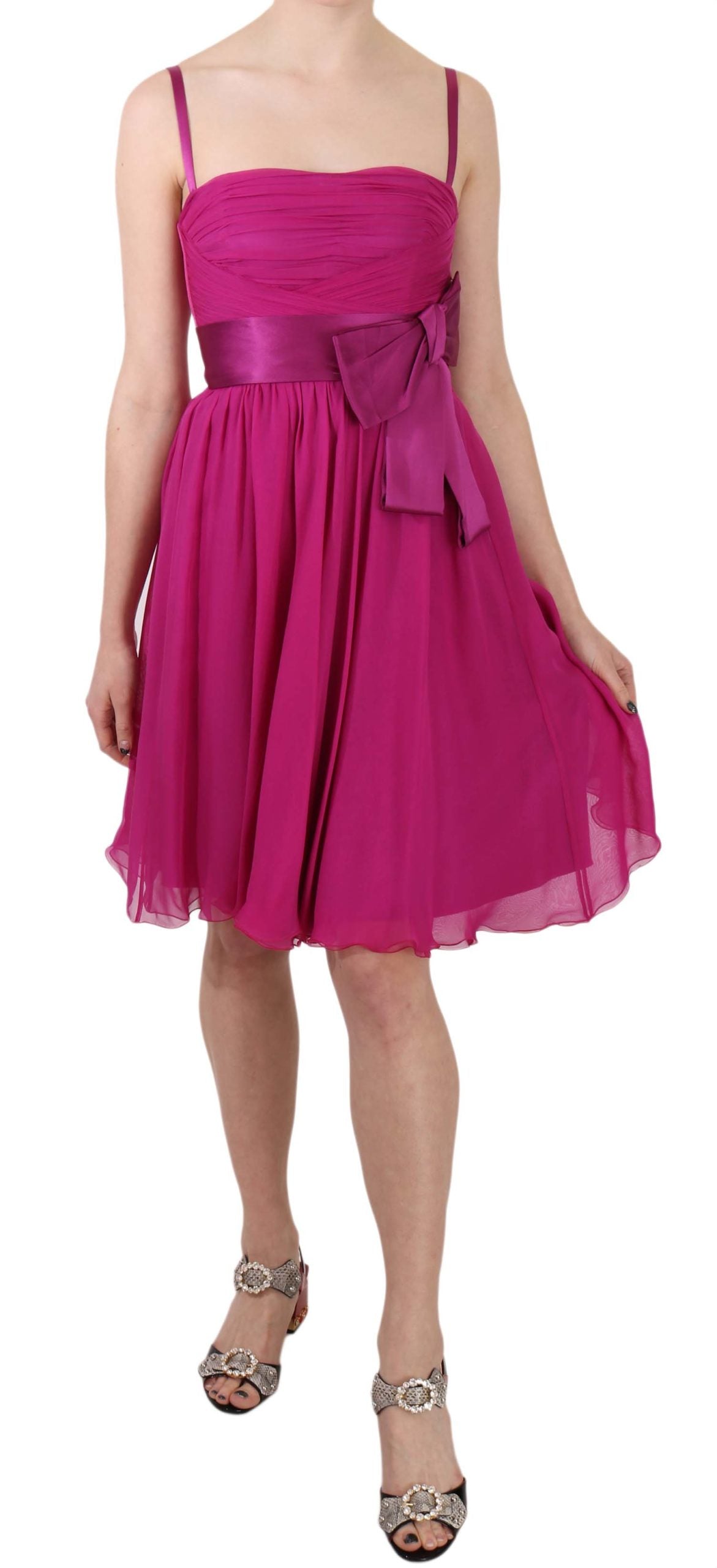 - Elegant Fuchsia Pink Silk Bow Front Dress