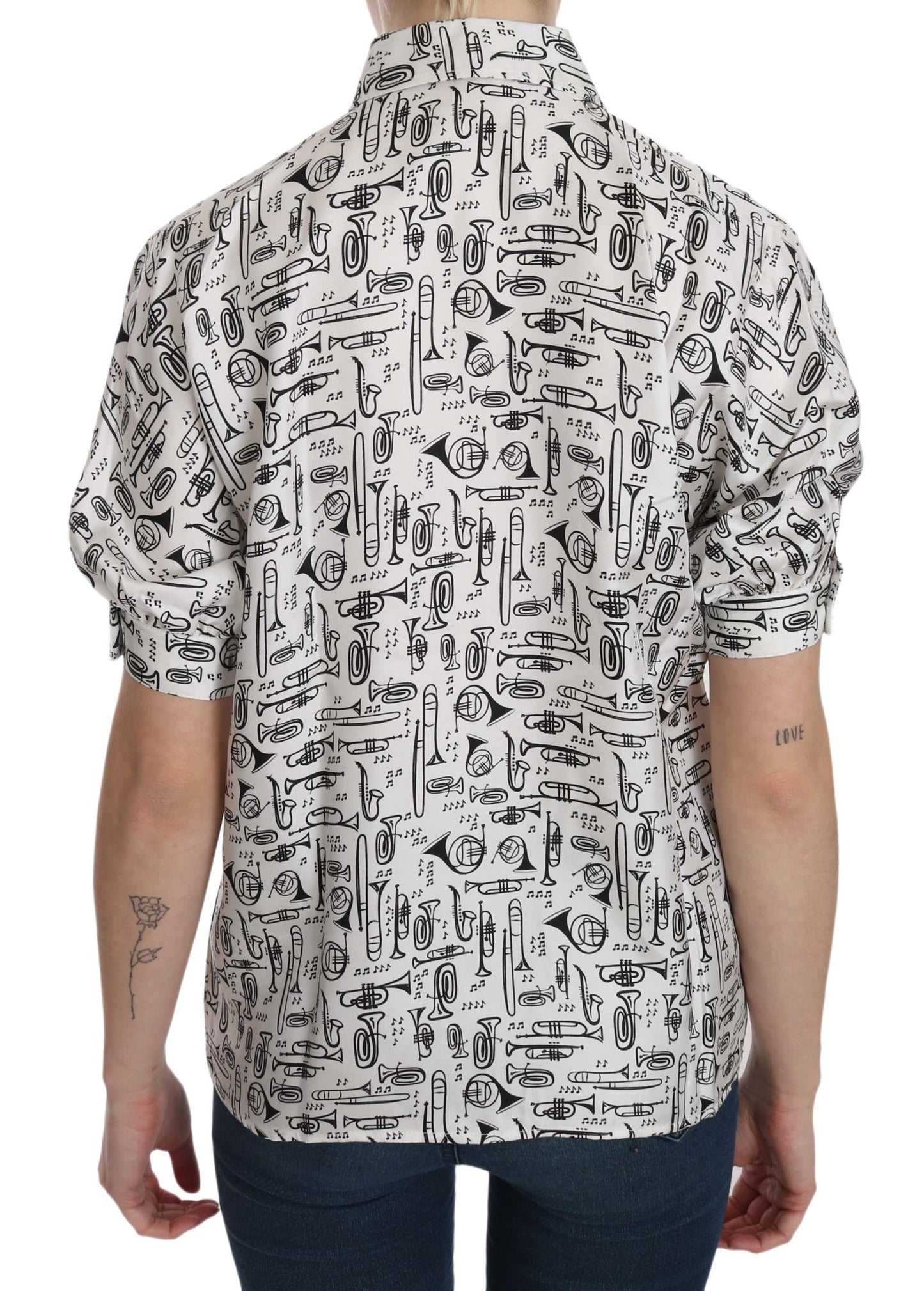 - Musical Instrument Print Silk Collared Top