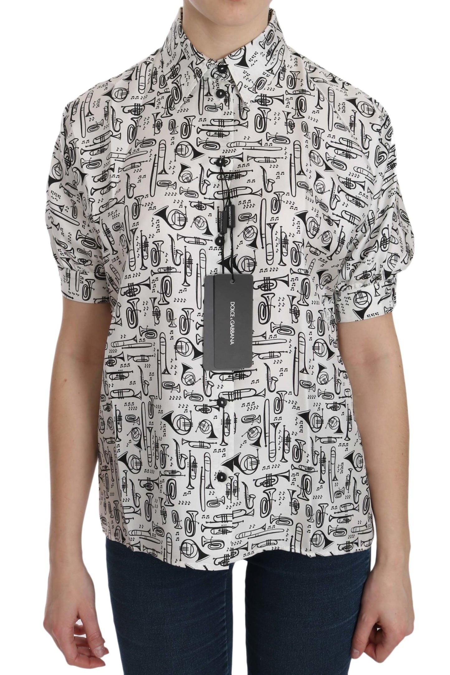 - Musical Instrument Print Silk Collared Top