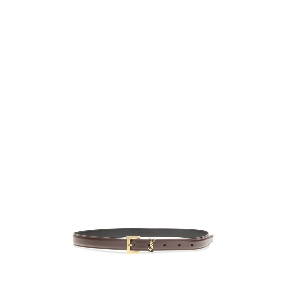 Saint Laurent Brown Calf Leather Cassandre Slim Belt