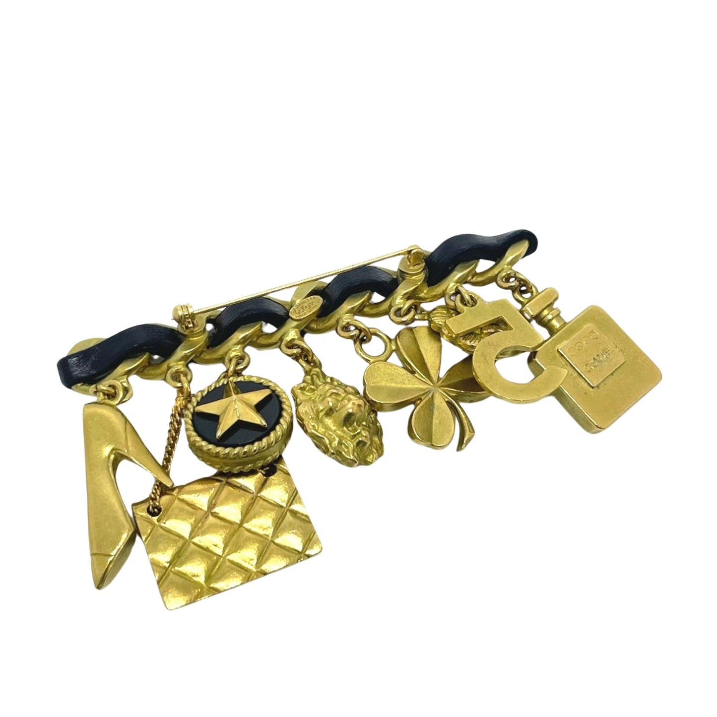 Pre-Loved Chanel N°5 Gold-Plated Multi-Charm Brooch | Vintage