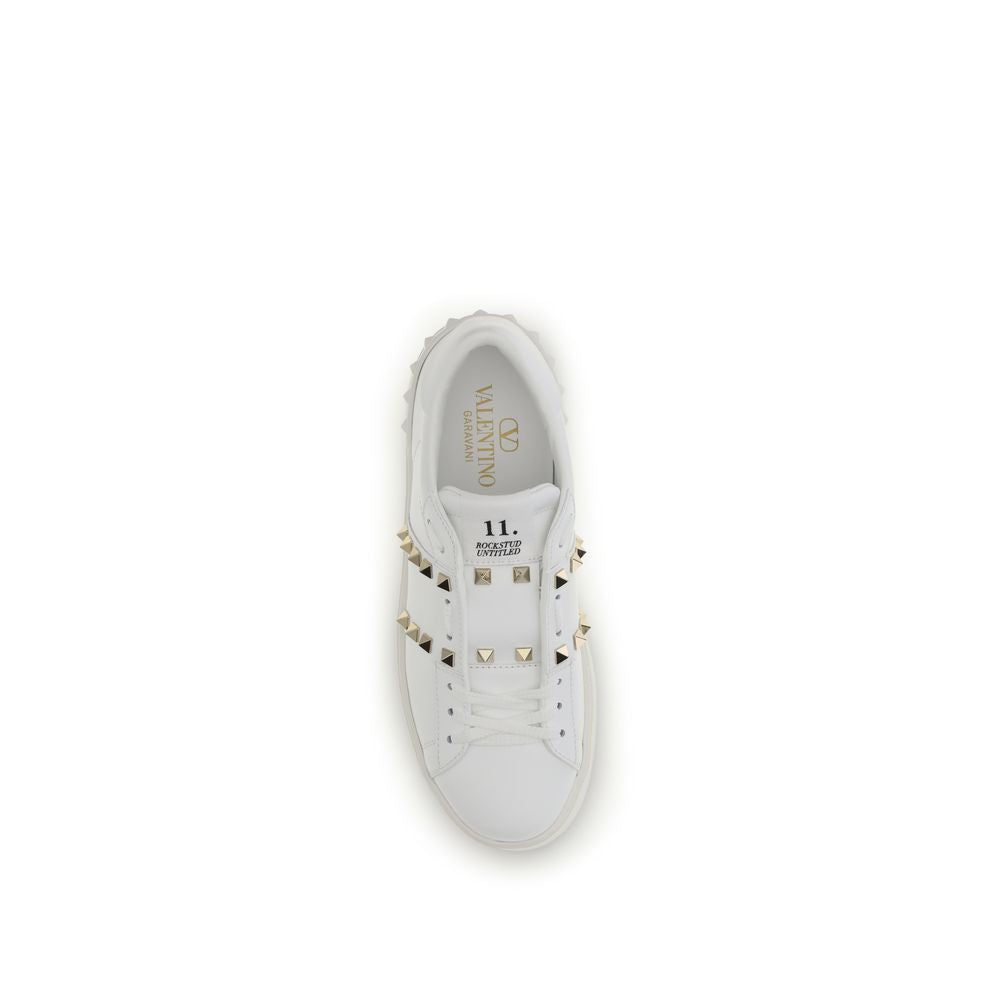 Valentino Garavani White Calf Leather Rockstud Flatform Sneakers