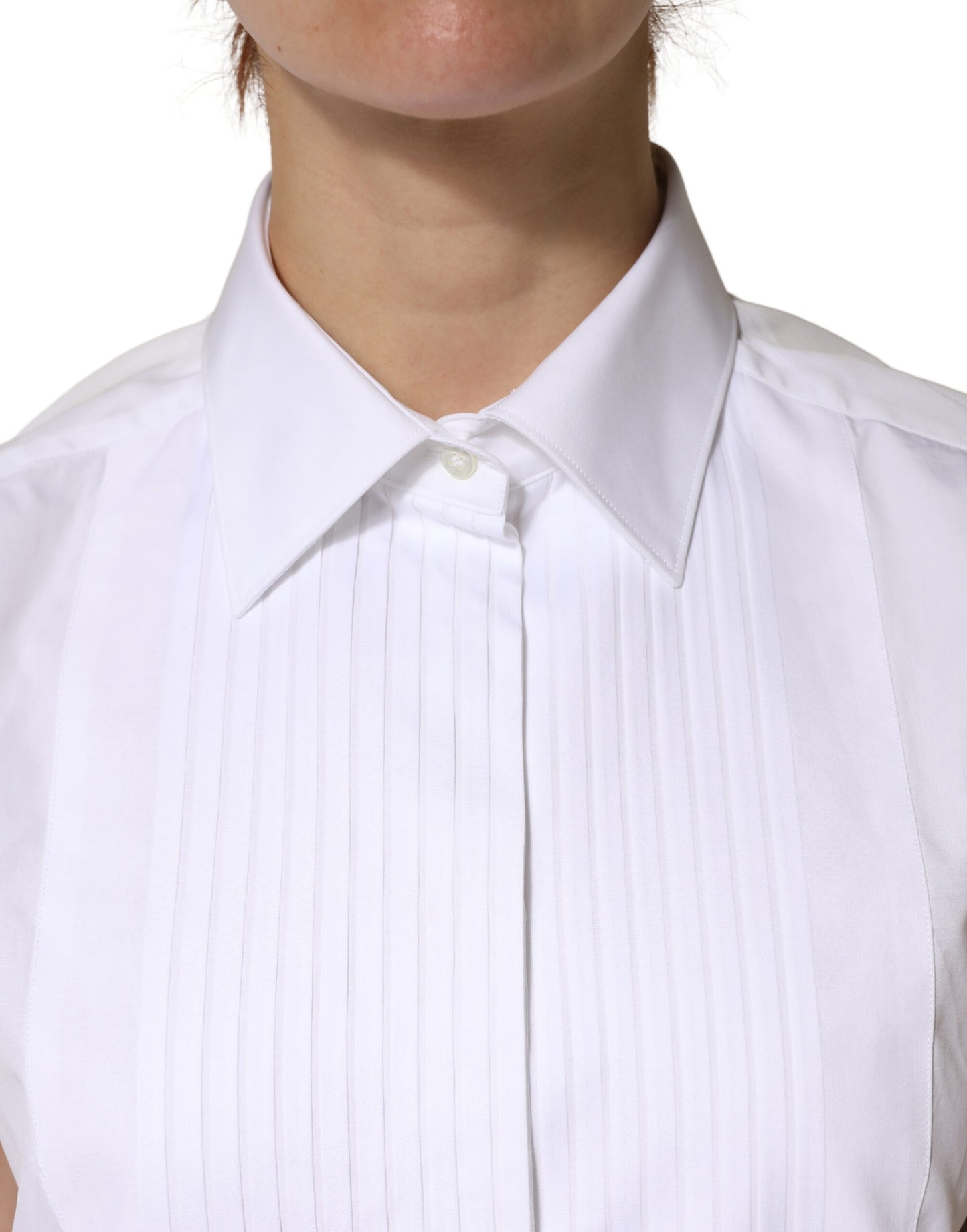 Dolce & Gabbana White Cotton Pleated Sleeveless Button Down Top