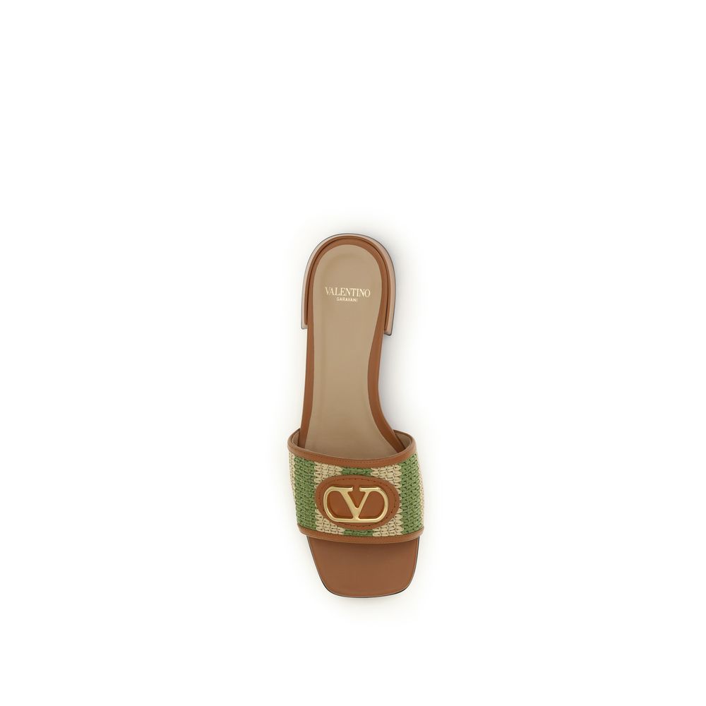 Valentino Garavani VLogo Leather-Trimmed Raffia Slide Sandals