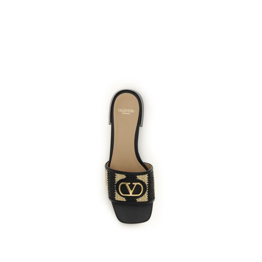 Valentino Garavani Multicolor Calf Leather VLogo Signature Raffia Slide Sandals