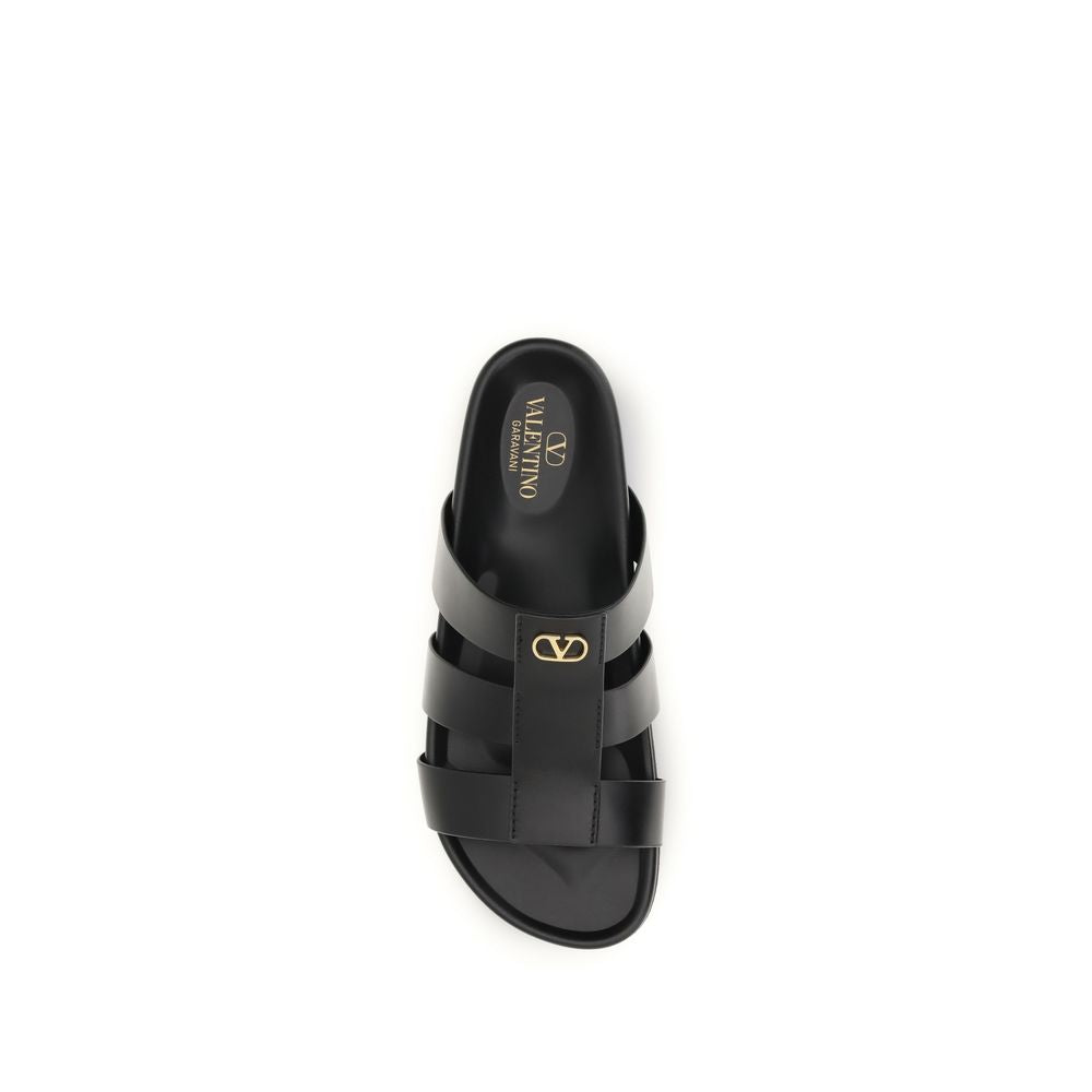 Valentino Garavani Black Leather Studshield Slide Sandals