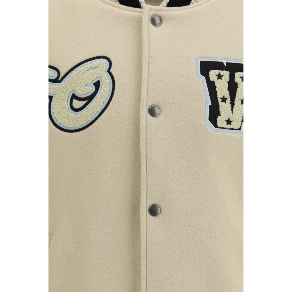 Off-White Beige Wool Bomber - Varsity Star Logo Jacket