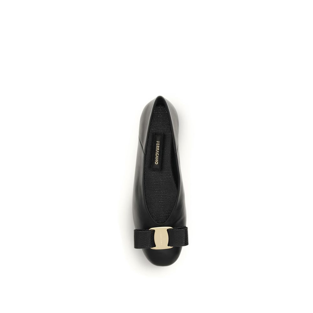 Ferragamo Black Calf Leather Bos Taurus Vara Bow Ballerinas