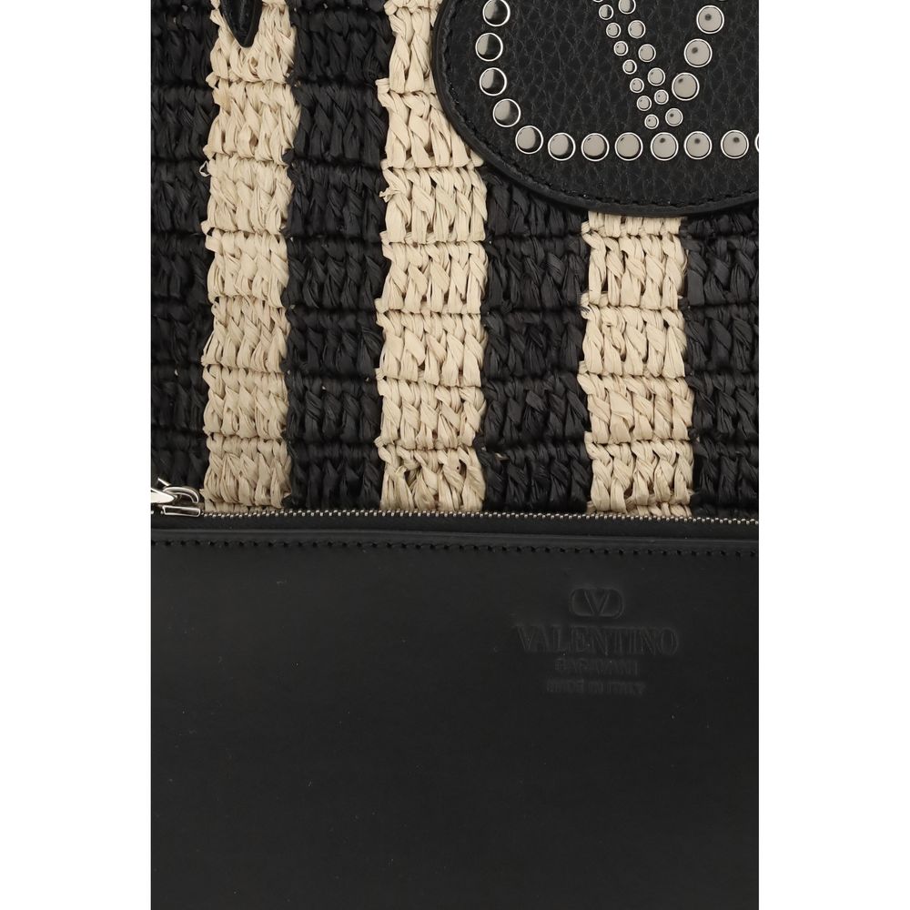 Valentino Garavani Black Raffia Striped Bucket Bag