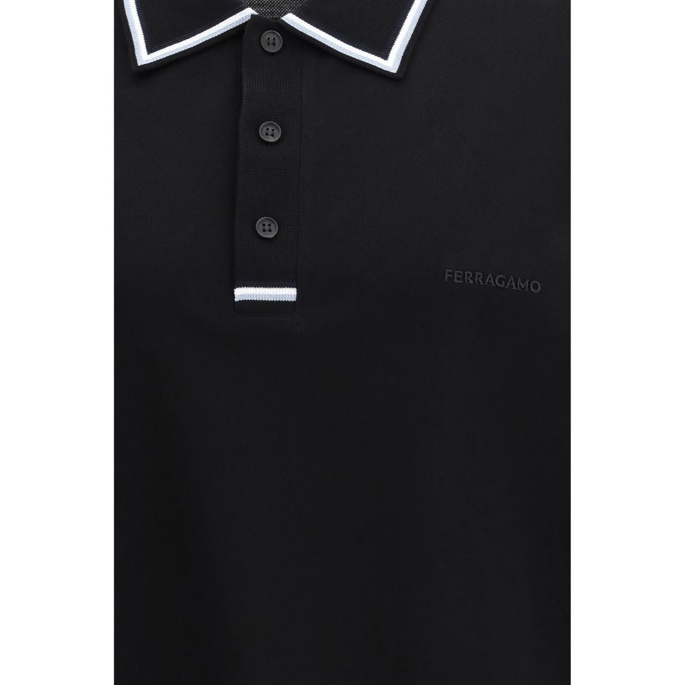 Ferragamo Black Cotton Polo Shirt with Stripe Detail