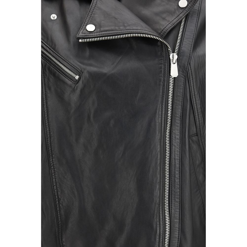 PINKO Black Leather Biker Jacket