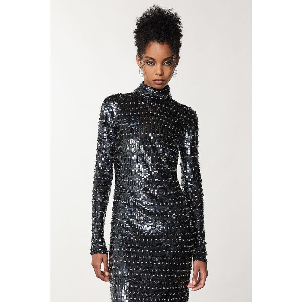 Patrizia Pepe Gold Polyamide Cocktail Dress in Black Sequins & Silver, IT40, Longsleeve