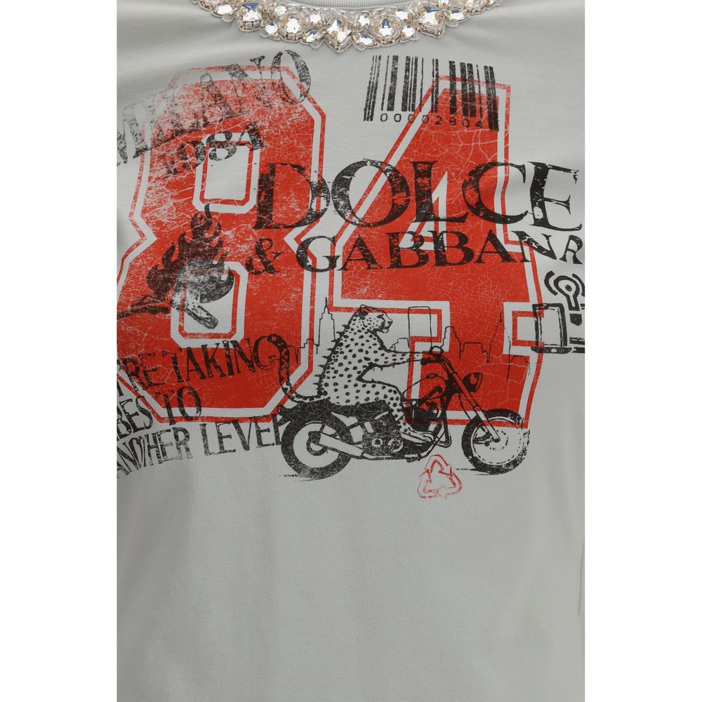 Dolce & Gabbana Gray Cotton T-Shirt with Crystals
