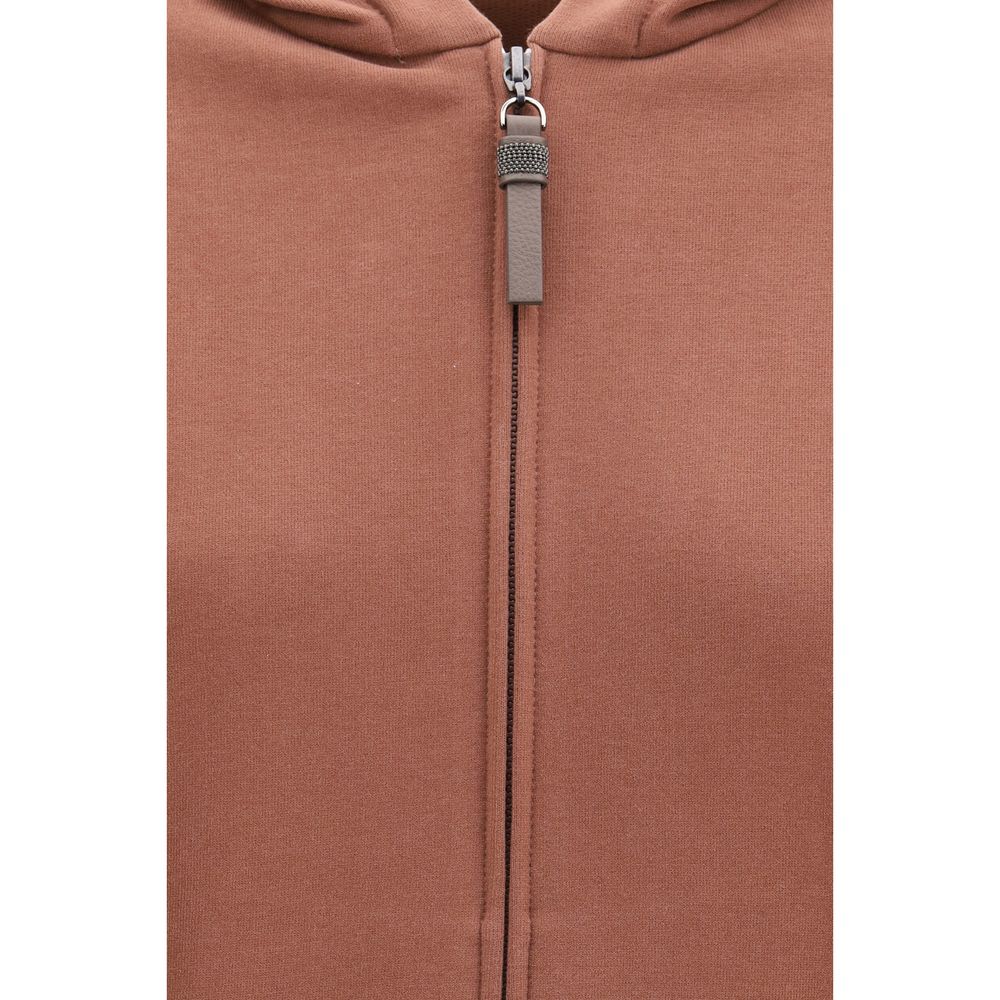 Brunello Cucinelli Brown Cotton Sweatshirt with Shiny Zipper Pull