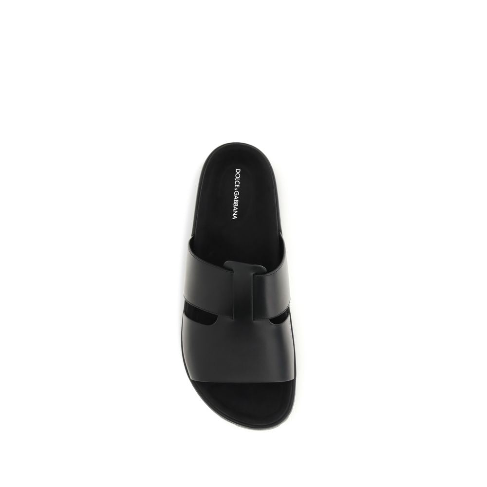 Dolce & Gabbana Black Calf Leather Bos Flat Sandals for Men