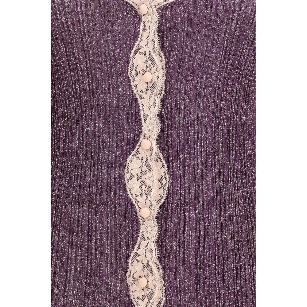 Valentino Metallic Purple Lurex Knit Lace-Trimmed Cardigan