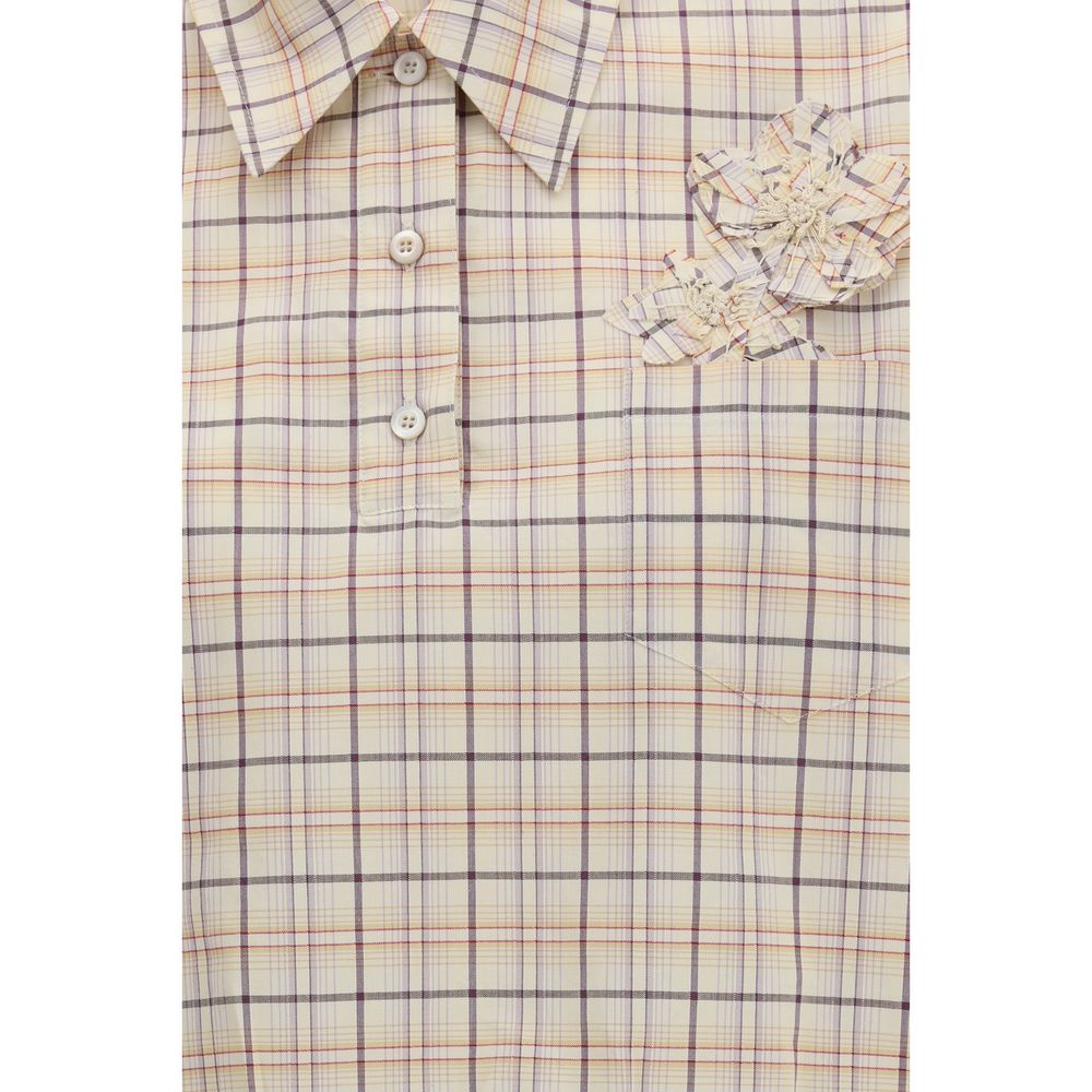 Prada Beige Floral Embroidered Checked Poplin Top