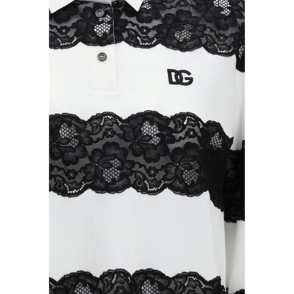 Dolce & Gabbana White & Black Lace Cotton Polo Shirt
