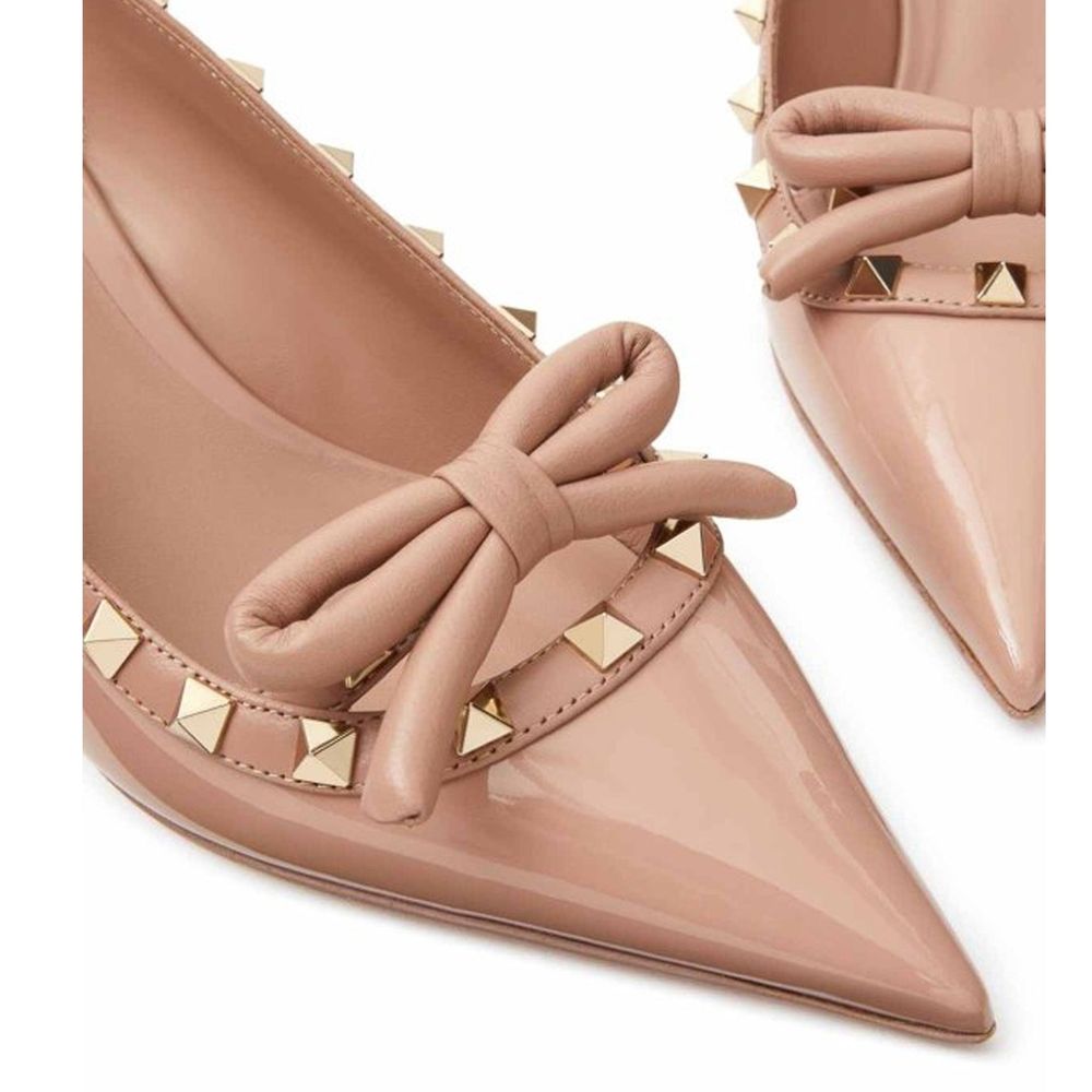 Valentino Garavani Beige Calfskin Rockstud Bow Slingback Pumps