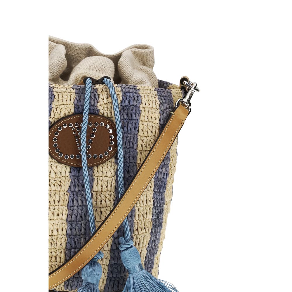 Valentino Garavani Blue Striped Raffia Bucket Bag