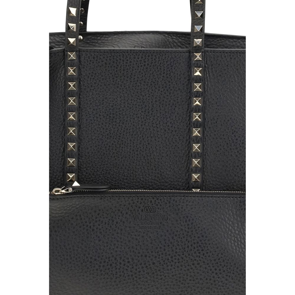 Valentino Garavani Black Calf Leather Rockstud Tote Bag