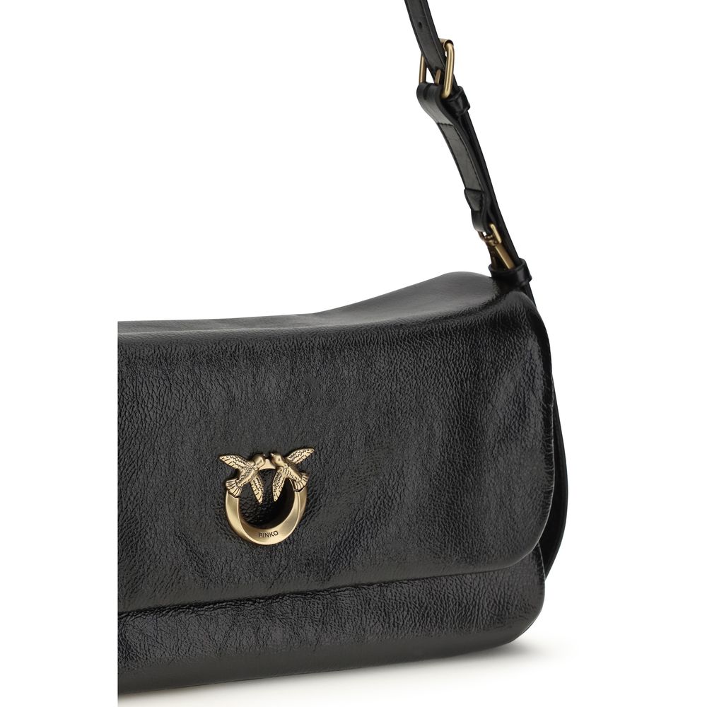 PINKO Black Calf Leather Love Click Soft Shoulder Bag