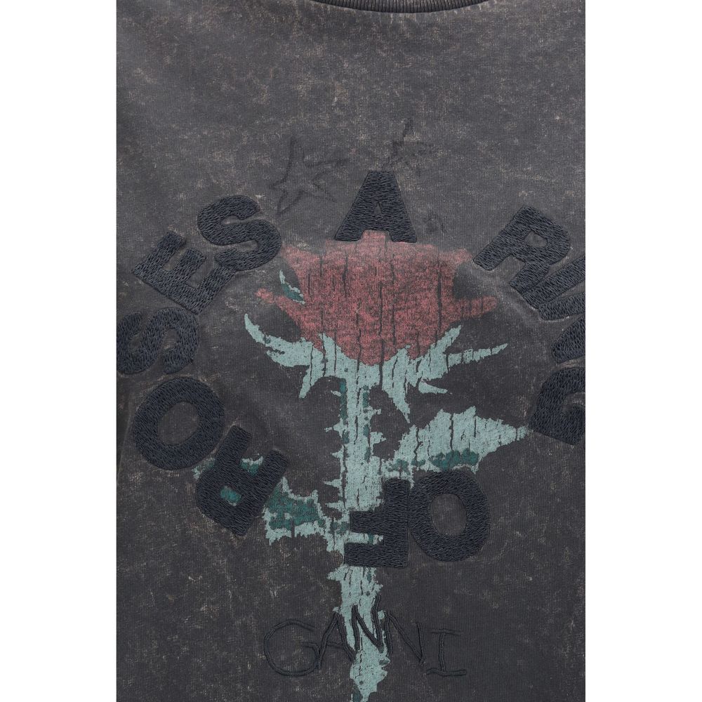 Ganni Gray Cotton Oversized Rose Print T-Shirt