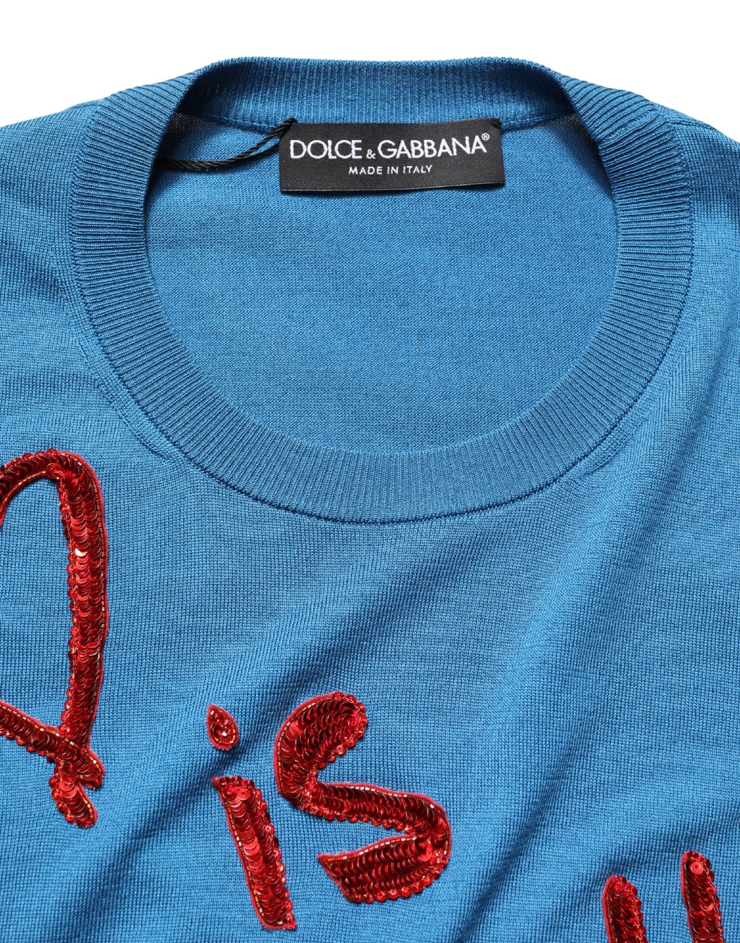 Dolce & Gabbana Blue Silk Sequined Crew Neck Pullover Sweater