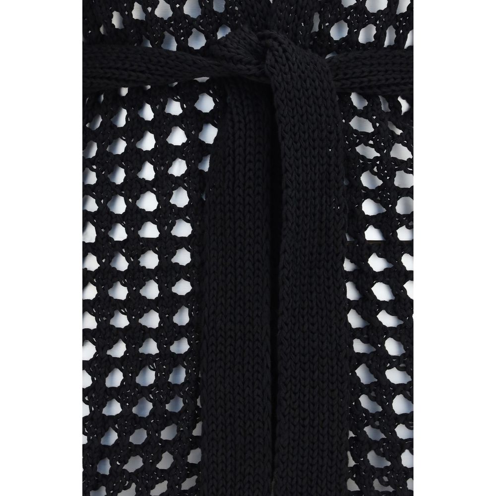 Max Mara Pure Black Belted Mesh Cotton Cardigan