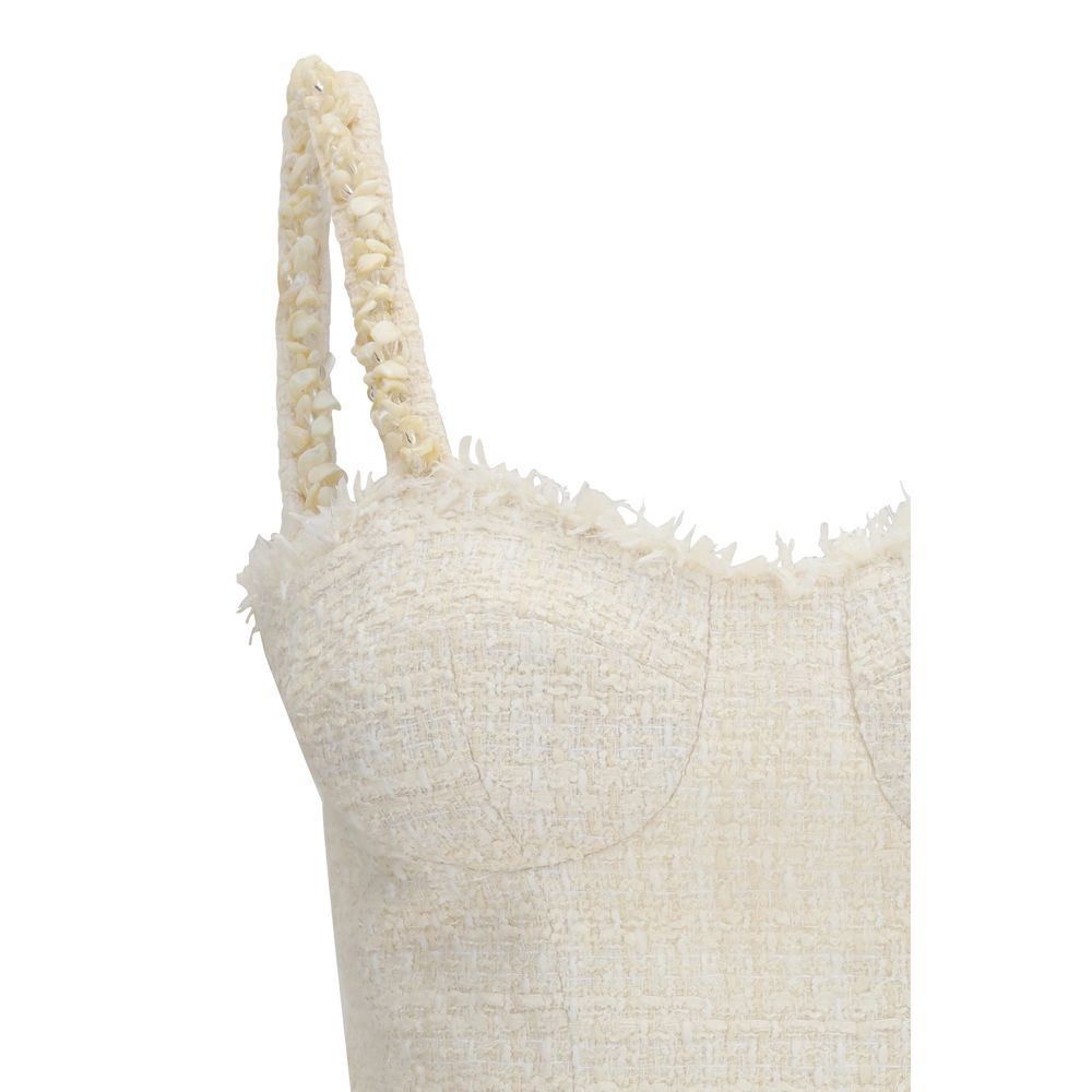 Balmain Beige Tweed Top with Pearl Straps