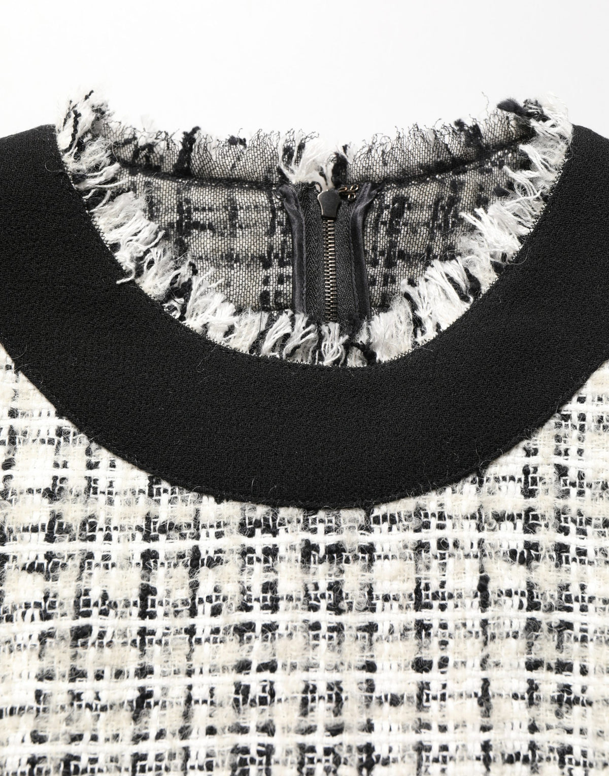 Dolce & Gabbana Black & White Frayed Bouclé-Tweed Midi Dress