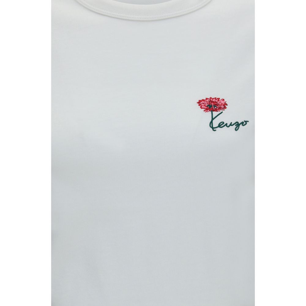 Kenzo White Cotton T-Shirt with Tulip Embroidery