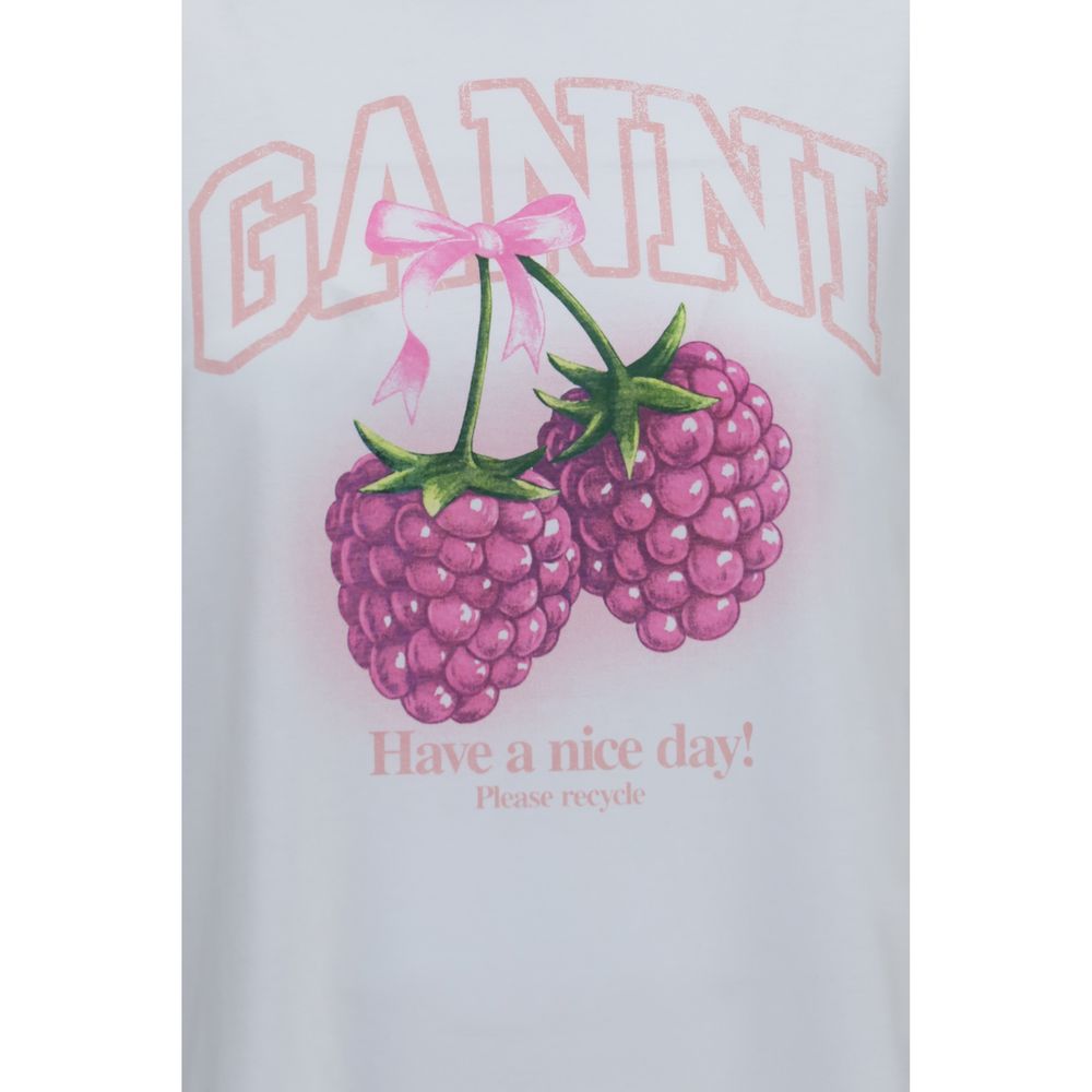 Ganni White Cotton Pink Raspberries Have a Nice Day T-Shirt