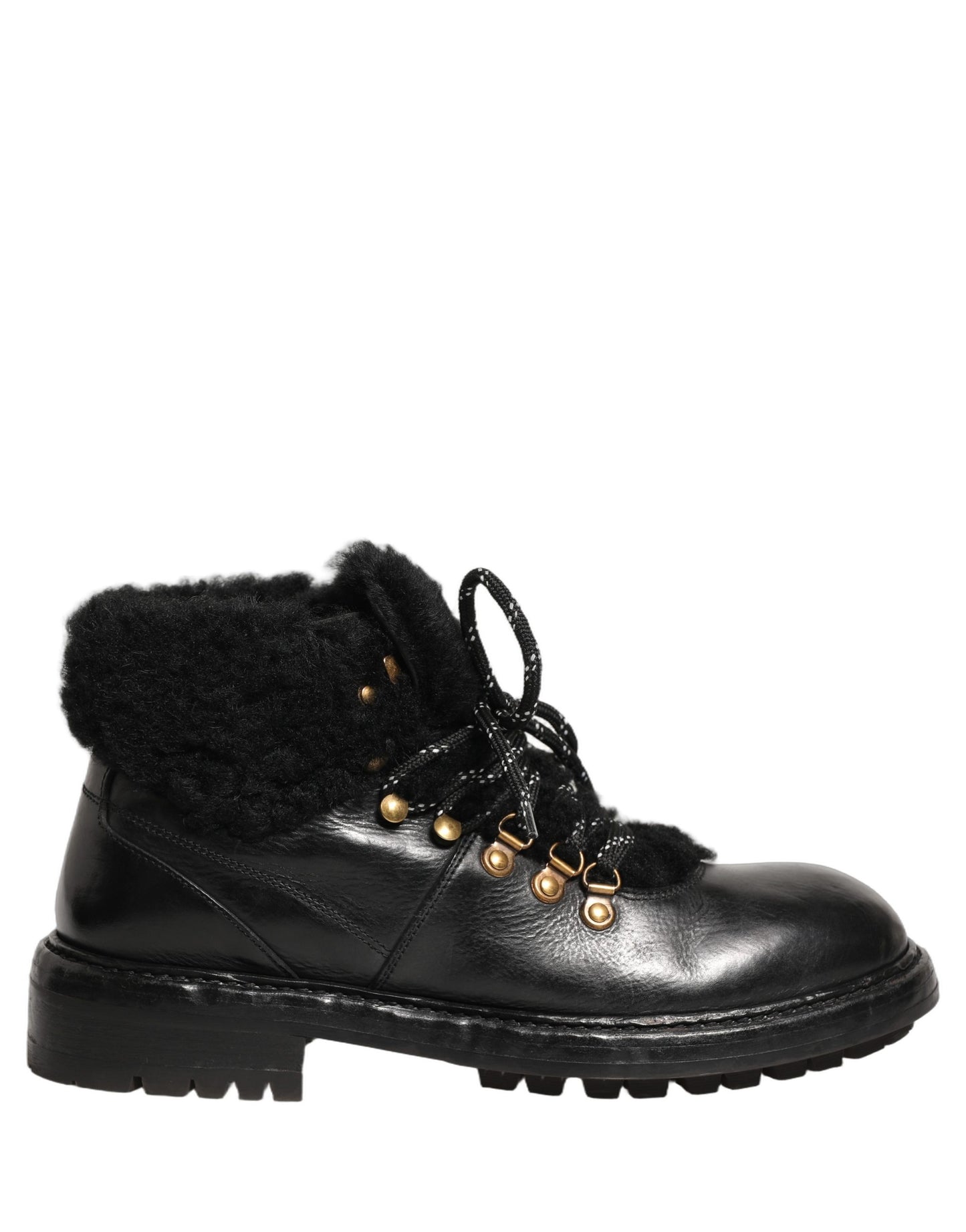 Dolce & Gabbana Black Trekking Fur Lace Leather Boots