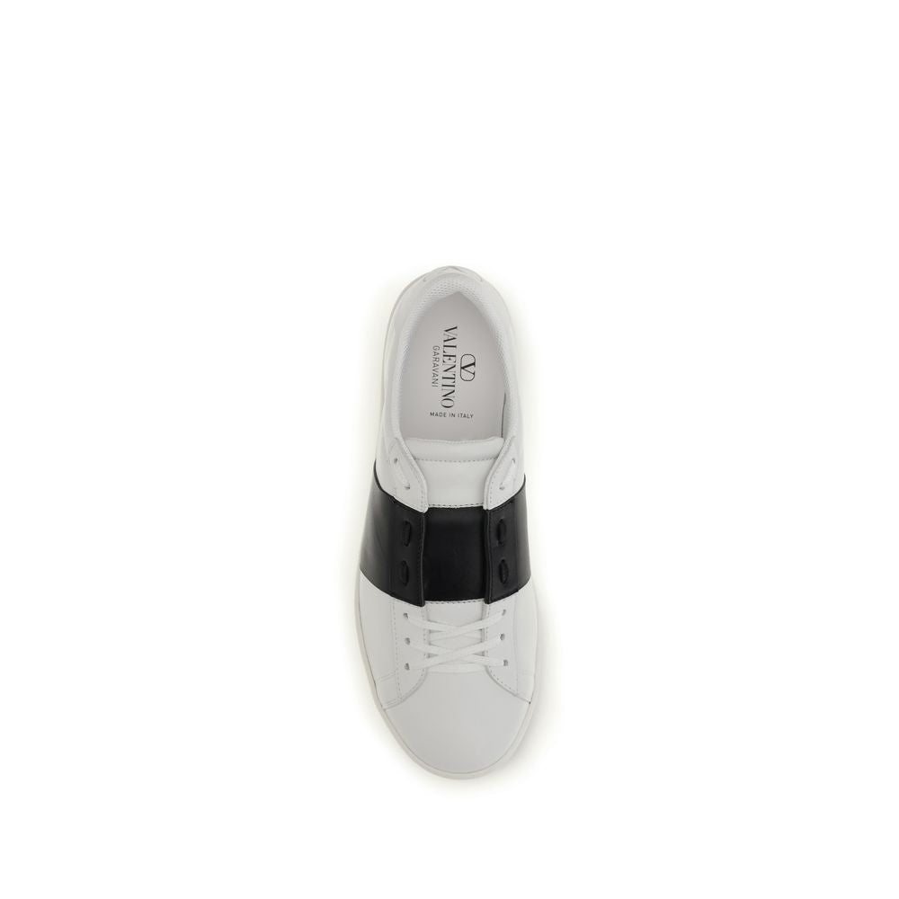 Valentino Garavani White & Black Band Leather Open Low Top Sneakers