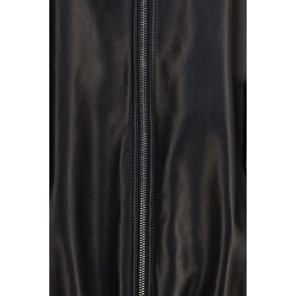 Brunello Cucinelli Black Zip-Up High-Lamb Neck Bomber Leather Jacket