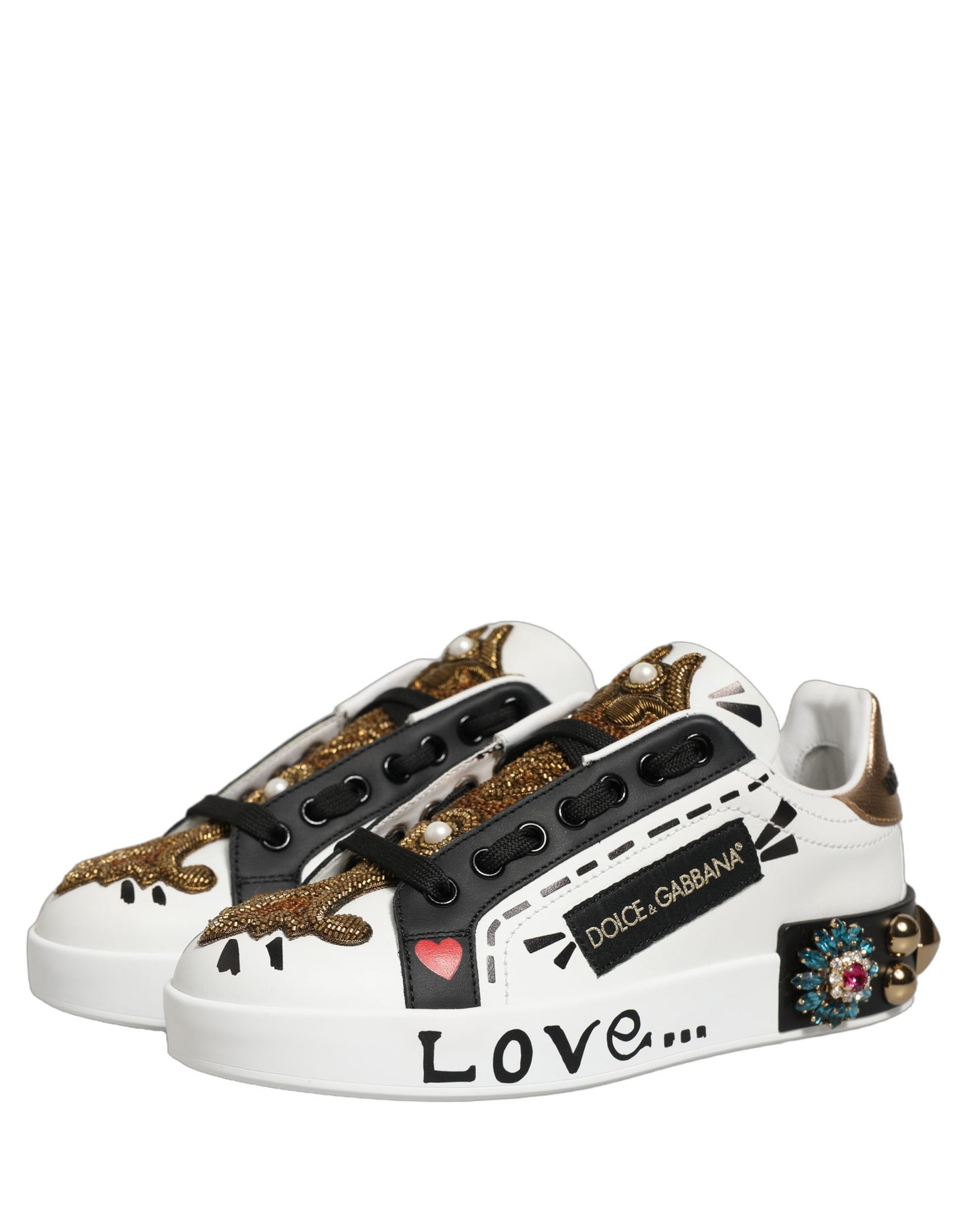 Dolce & Gabbana White Gold Studded Portofino Sneakers