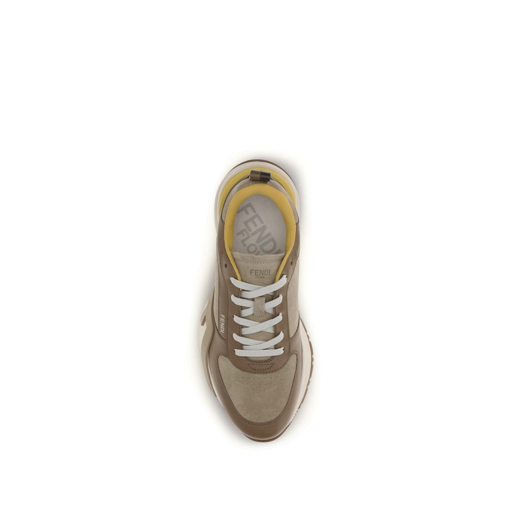 Fendi Brown & Yellow Panelled Leather Flow Sneakers