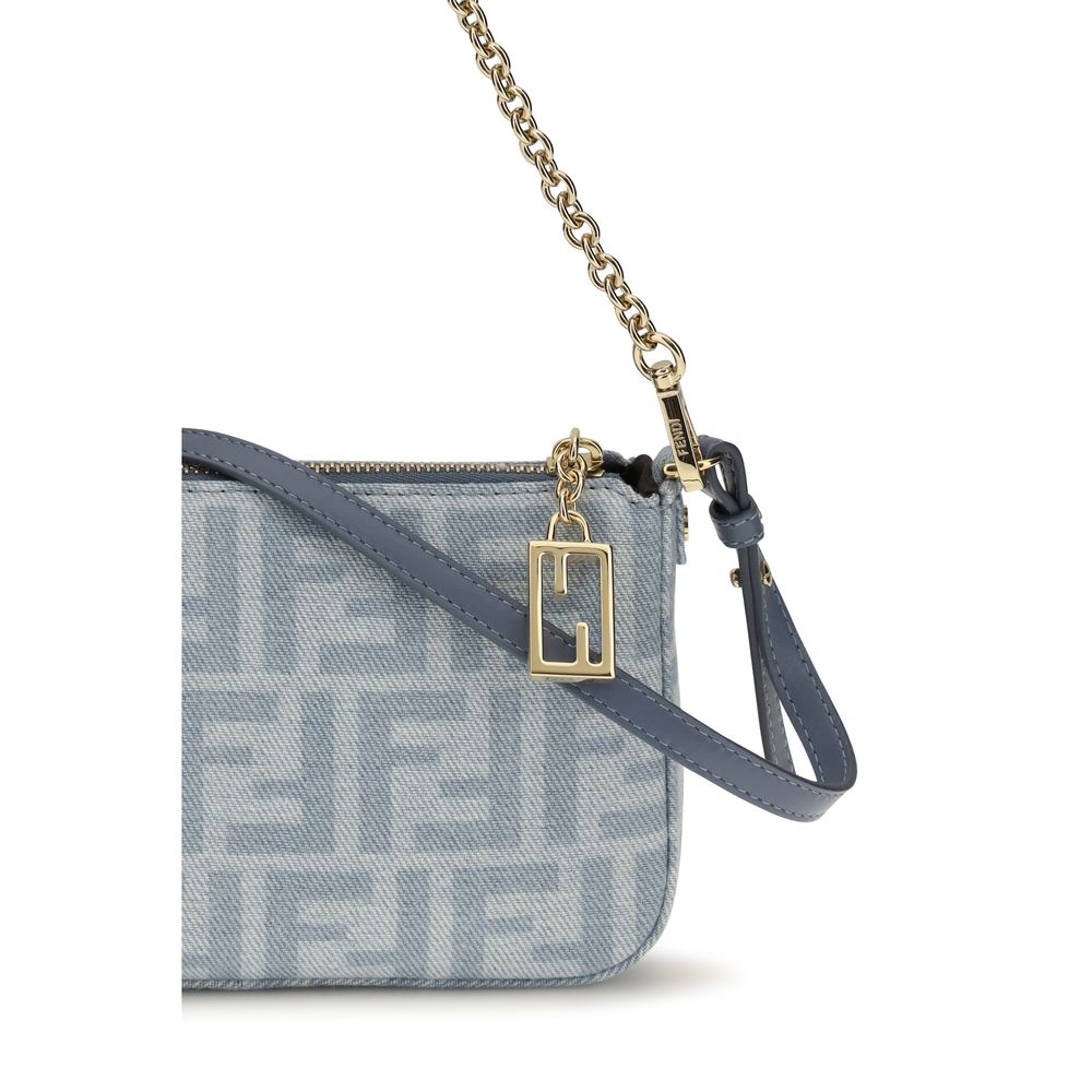 Fendi FF Blue Light Wash Denim Baguette Pouch Bag