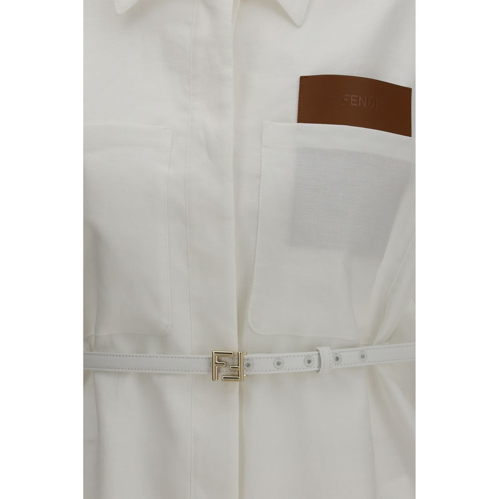Fendi White Linen Cotton Blend Belted Jacket