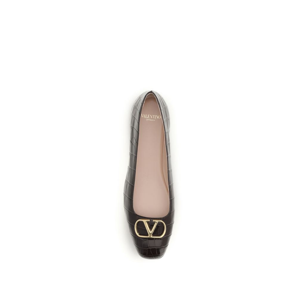 Valentino Garavani Brown Calf Leather VLogo Signature Croc-Effect Ballerinas