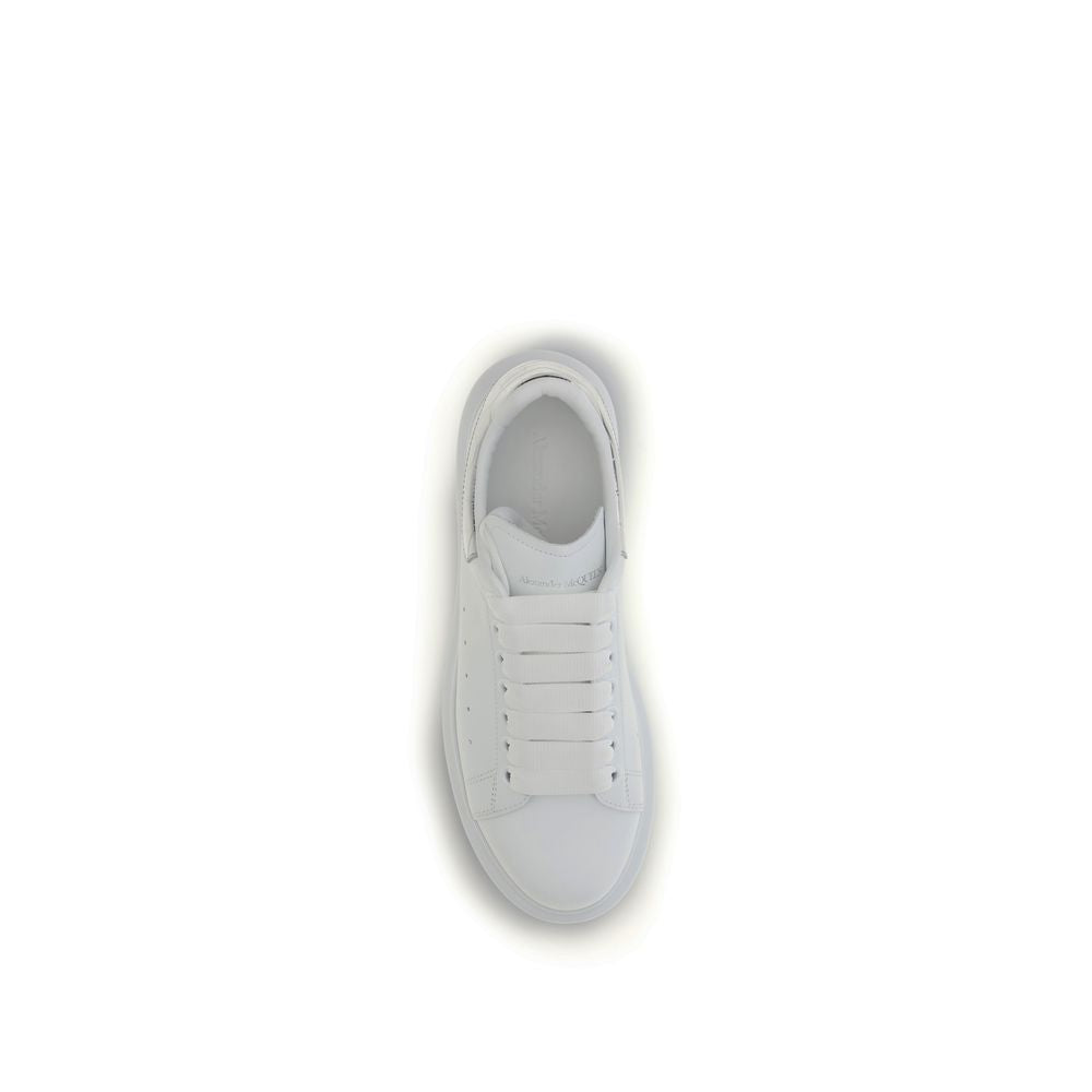 Alexander McQueen White Oversized Leather Low Sneakers with Silver Croc Effect Heel Detail