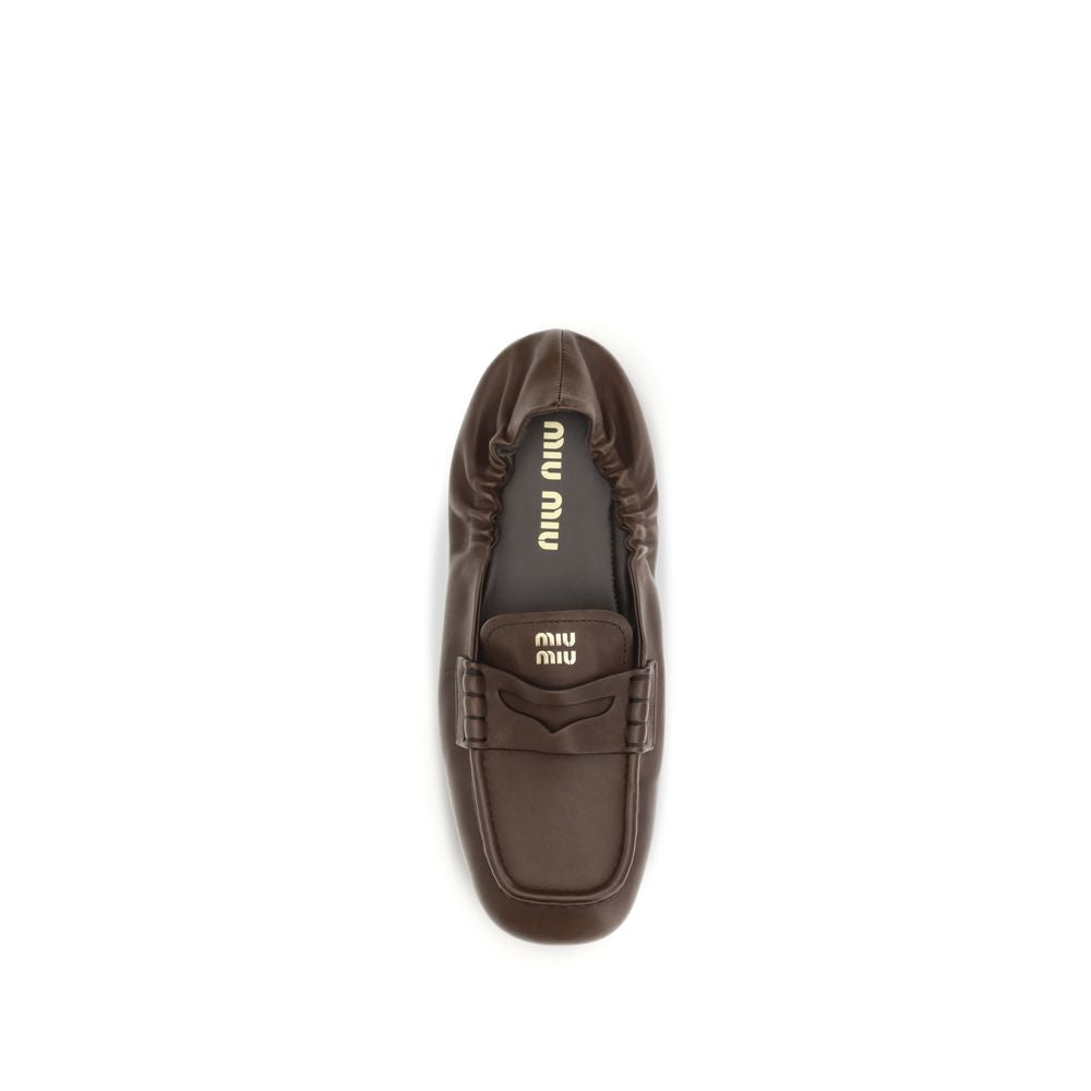 Miu Miu Brown Lamb Nappa Leather Ruches Slip-On Loafers